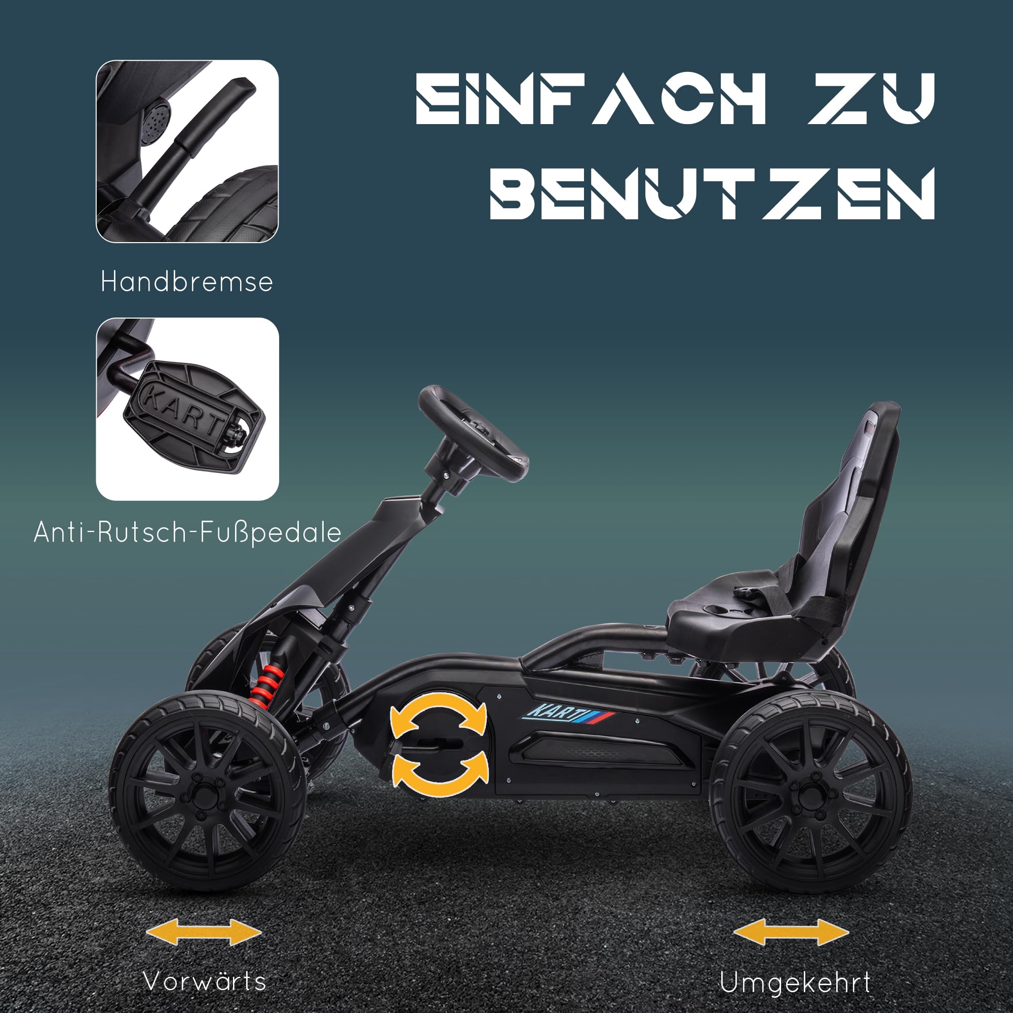 HOMCOM Gokart Tretauto mit Handbremse, verstellbarem Sitz, Vor- und Rückwärtsgang, Tretfahrzeug Kinderspielzeug für Kinder 3-8 Jahren Schwarz
