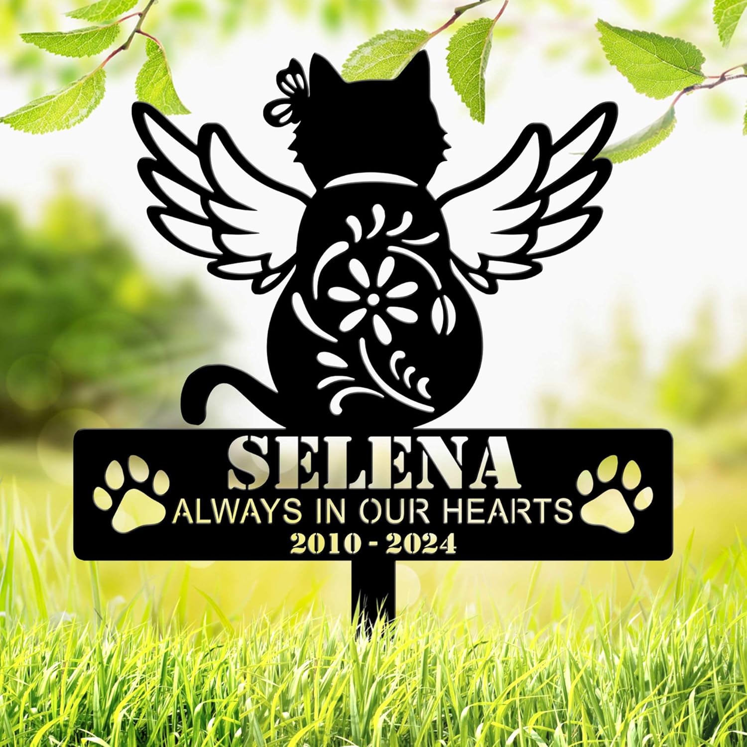 Personalized Angel Cat Memorial Grave Marker, Custom Pet's Name Cemetery Decorations for Funerary, Metal Cat Burial Garden Stake, Outdoor Sympathy Angel Handstone Stake Plaque Gift for Loss Cat