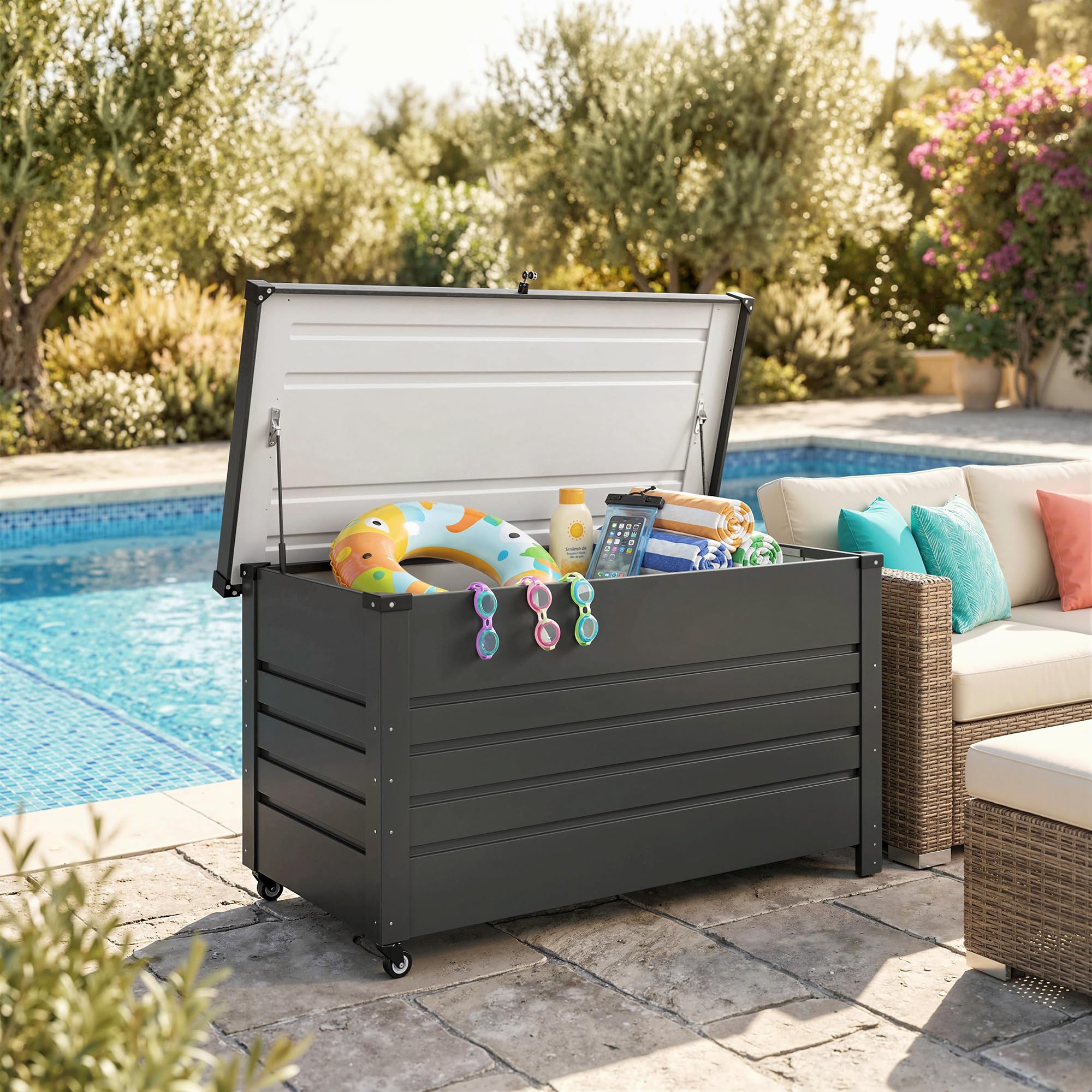 Outsunny Baule da Esterno 350L Acciaio Rinforzato con Coperchio Bloccabile, Pistoni a Gas, Ruote, Grigio