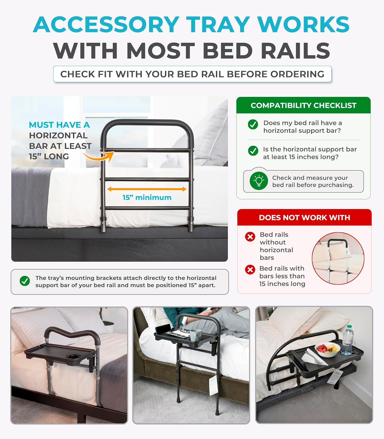 Stander Bed Rail Tray Accessory, Bedside Tray Table Only for Stander & Wonder Bed Rails, Attachable Bedrail Shelf with Cup Holder, Phone Holder & Cable Organizer, Floating Nightstand for Seniors