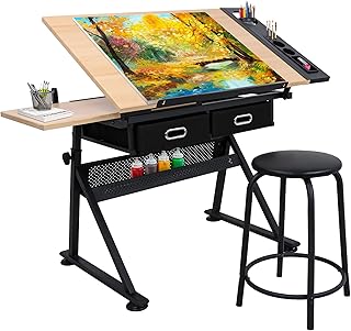 NOVA MICRODERMABRASION Adjustable Height Drafting Desk Drawing Table Tiltable Tabletop for Reading, Writing Art Craft w/Stool and Drawers