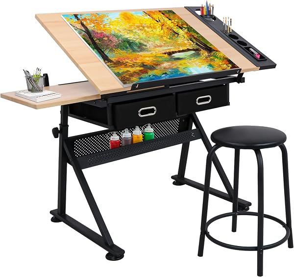 NOVA Adjustable Height Drafting Desk with Stool and Drawers