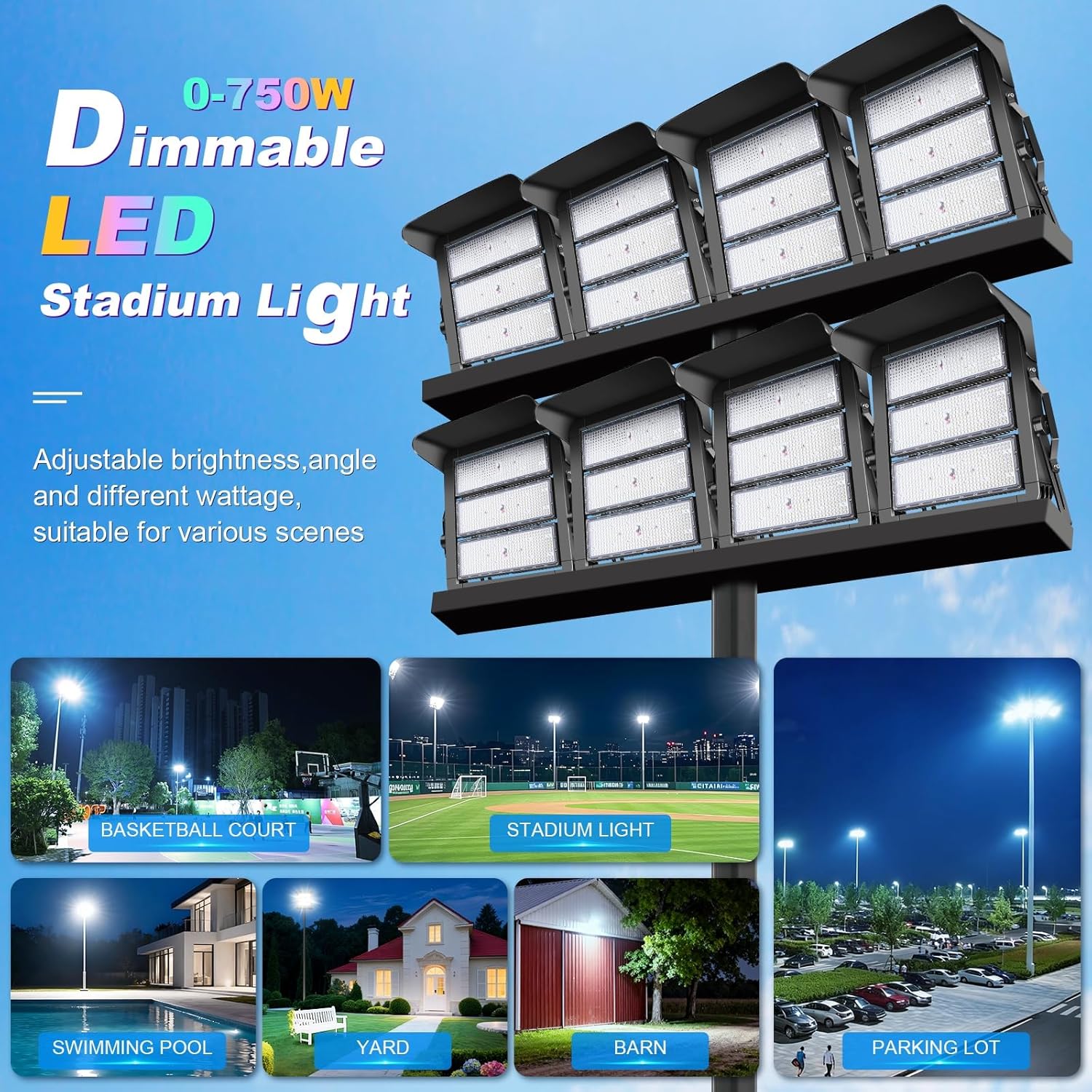 112500LM Led Stadium Light Dimmable 0-750w Super Bright Led Arena Flood Lights Outdoor 100-277v 5000k Yoke U Mount IP66 Waterproof Outside Wall Light Commercial for Square, Golf Court, Port