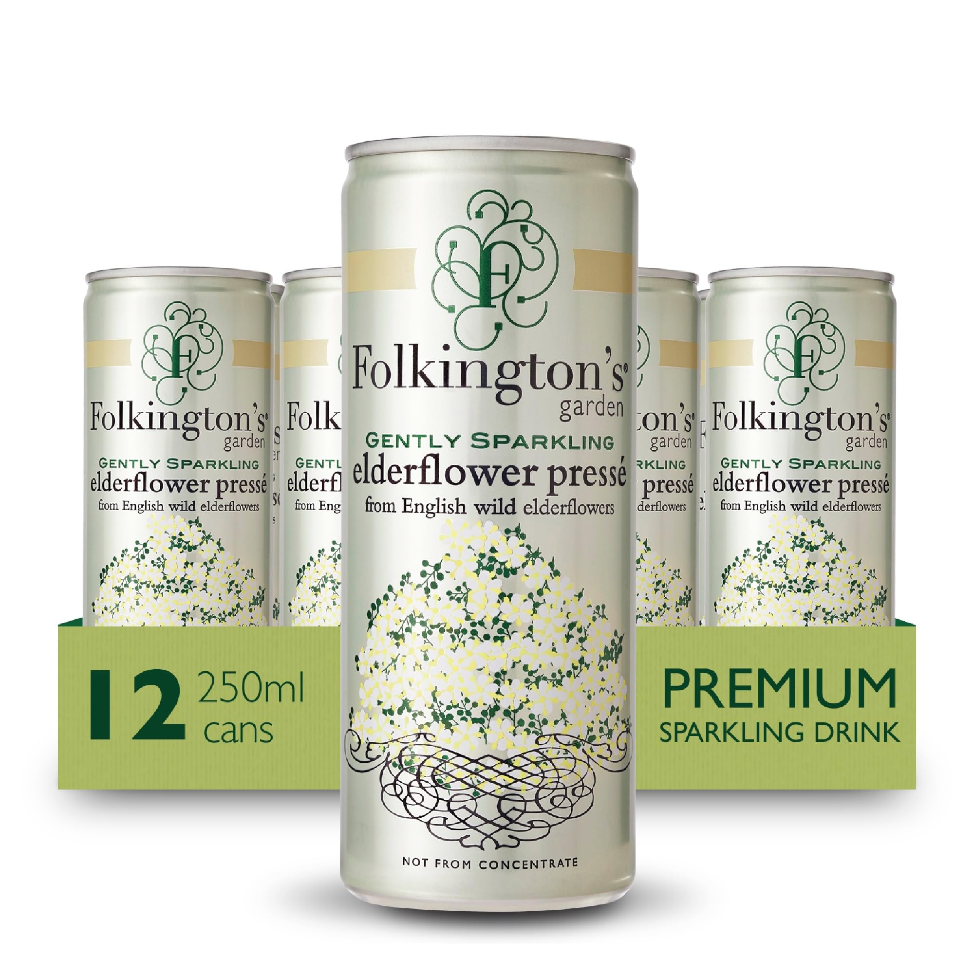 Folkington's Elderflower Soft Drink Pressé, 12 Cans, Gently Sparkling, Great Cocktail and Gin Mixer, 250 ml - Pack of 12