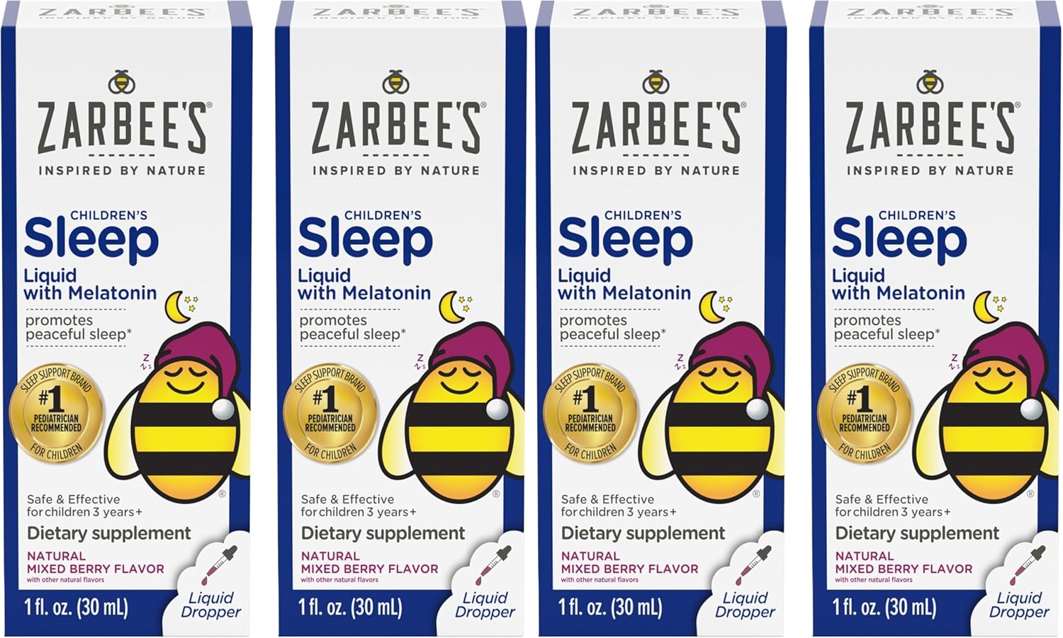 Zarbee's Kids Sleep Supplement Liquid with 1mg Melatonin; Drug-Free & Effective; Easy to Take Natural Berry Flavor for Children Ages 3 and Up; 1 Fl Oz Bottles,(Pack of 4)