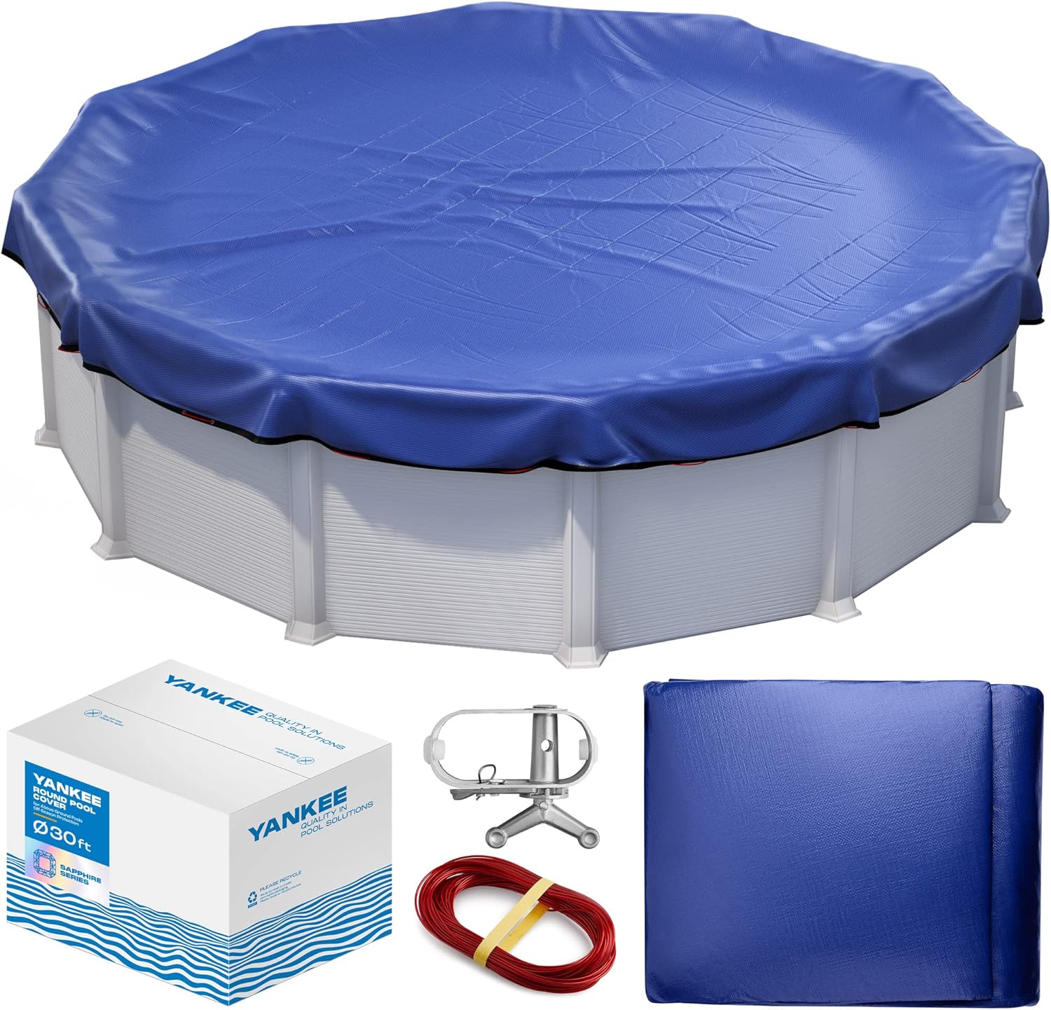 Winter Pool Cover 30 ft Round for Above Ground | Extra Thick & Durable Above-Ground Pool Cover | Sapphire Series of Premium Cold- and UV-Resistant Pool Cover | by Yankee Pool Pillow 30 Ft Blue