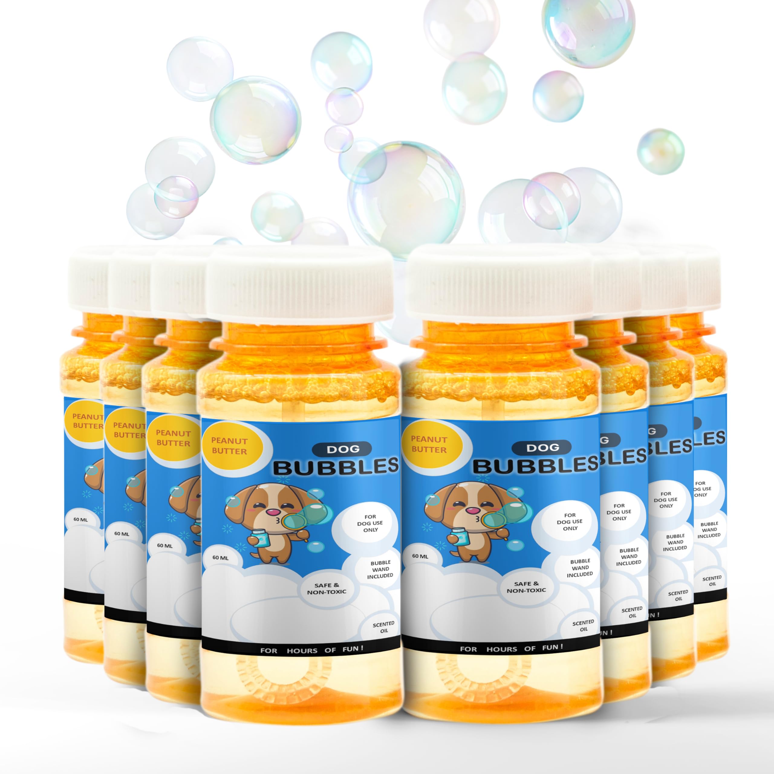 8x Dog Bubbles for Interactive Play Toys with PEANUT BUTTER & BEEF Meat Scents — Safe, Scented Oil — Perfect for Boredom, Dogs Gifts, Travel, Bubble Mix (480ml (8 Bottle of 60ml), Peanut Butter)