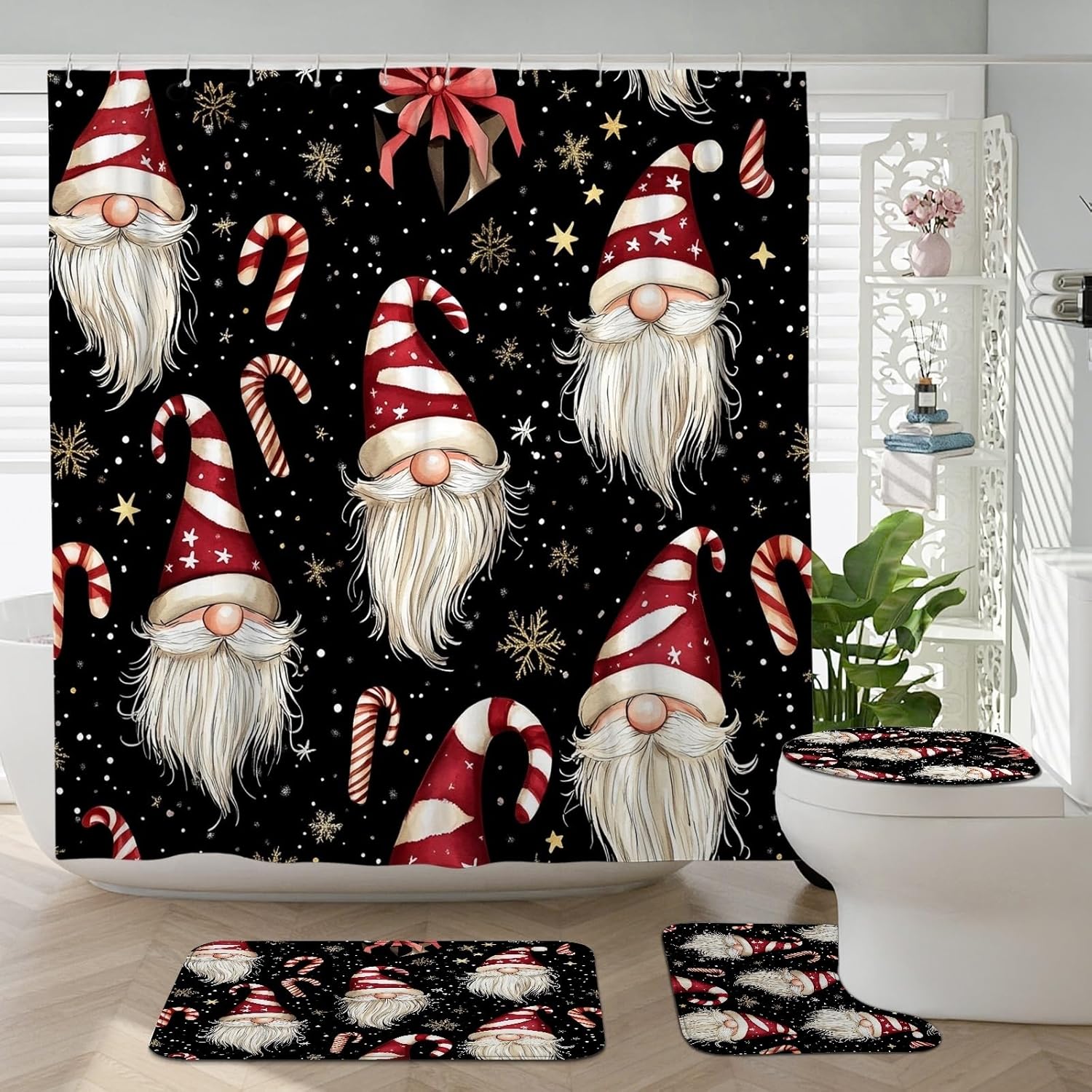 4PCS Seamless Merry Christmas Gnome Bathroom Sets, Bath with Non-Slip Rug, U Shape Toilet Lid Cover Mat, Black Fun Cool Xmas Bathroom Decor-72''x72''