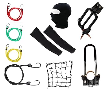 A2D Bike Travel Combo Helmet Lock+ Tyre Lock+ 4-Bungee Cords+ Utility Net+ Face Mask & Arm Sleeves For LML Graptor