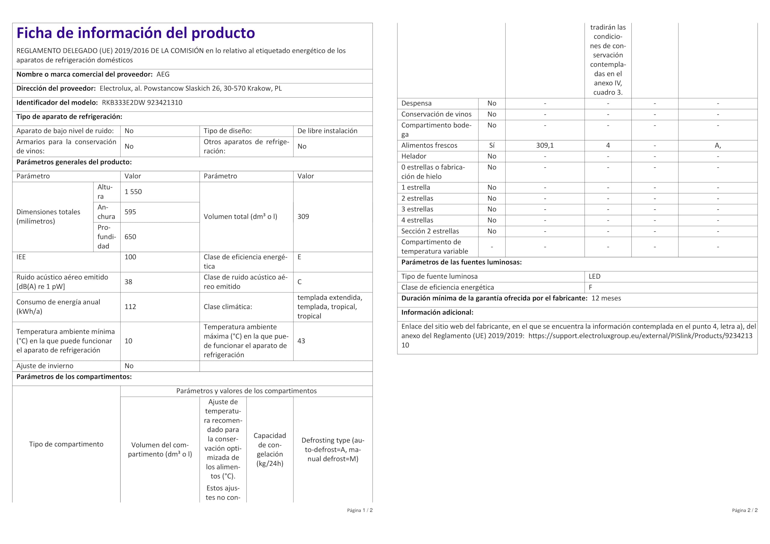 AEG Frigorífico independiente RKB333E2DW / 1550 mm / 309 L/E