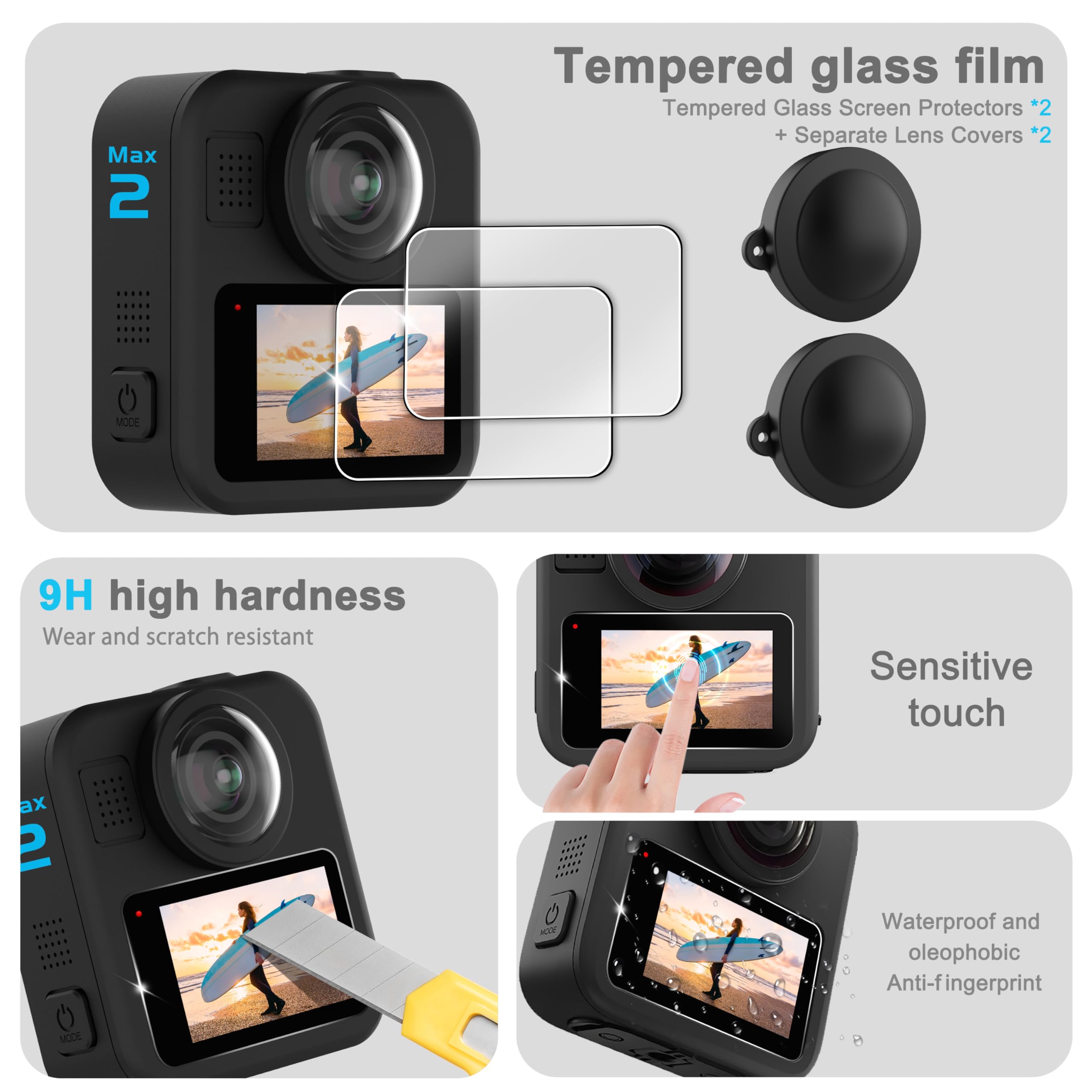 FitStill Le kit de protection en silicone est uniquement compatible avec Gopro Max 2, coque de protection en silicone + film de protection d'écran + couvercle latéral de batterie + couvercle de