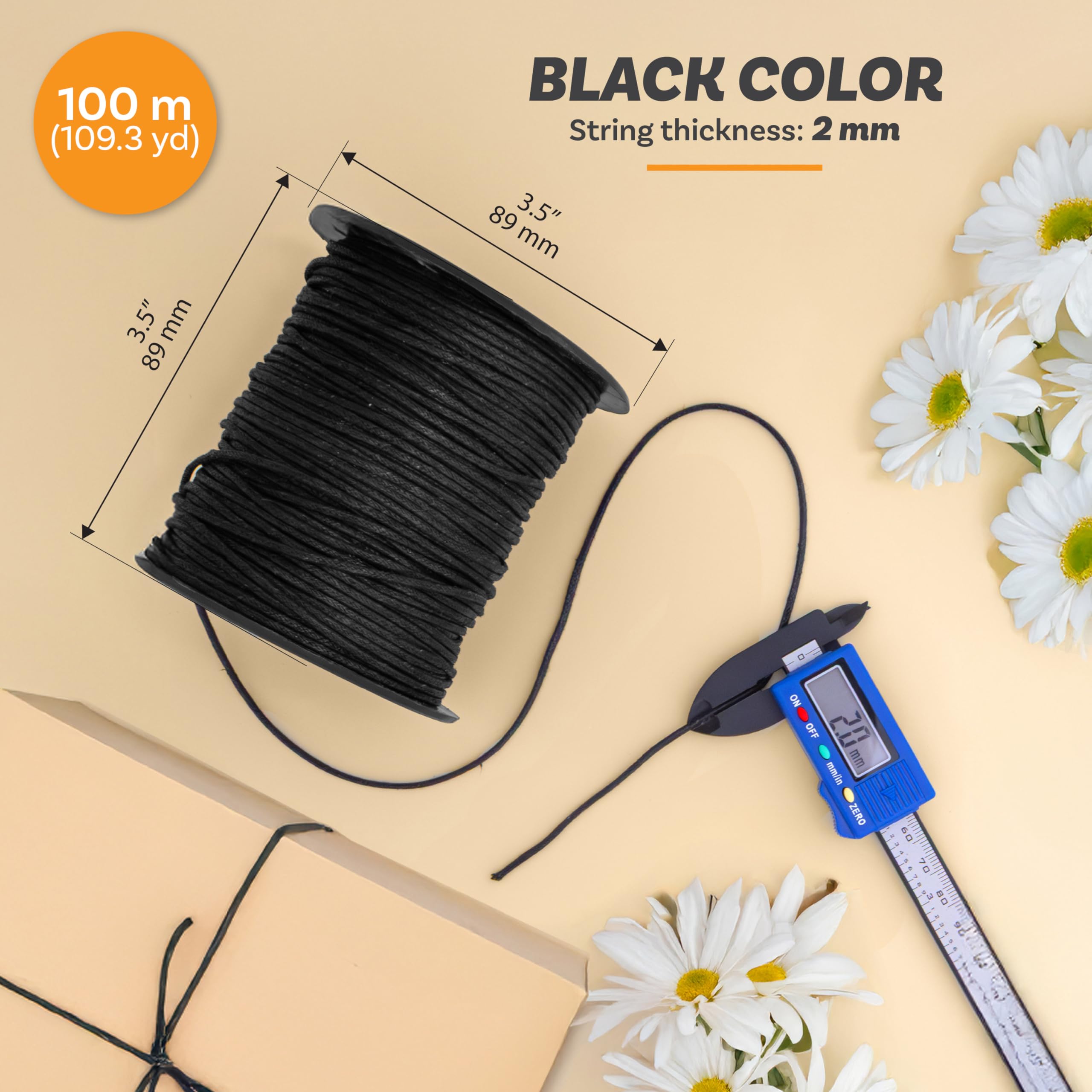 The Beadsmith Cordoncino in cotone cerato, nero, bobina da 100 metri, spessore 2 mm, corda resistente per la creazione di gioielli e macramè, made in India