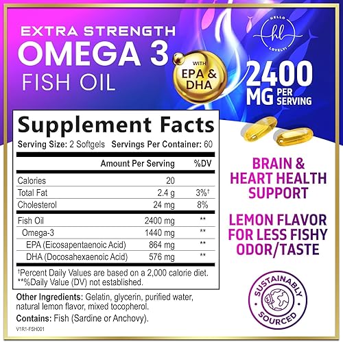 Miniatura 2 de Suplementos de aceite de pescado Omega 3 de 2400 mg - Ácidos grasos Omega 3 de triple fuerza, salud natural del corazón y apoyo articular - Ácidos