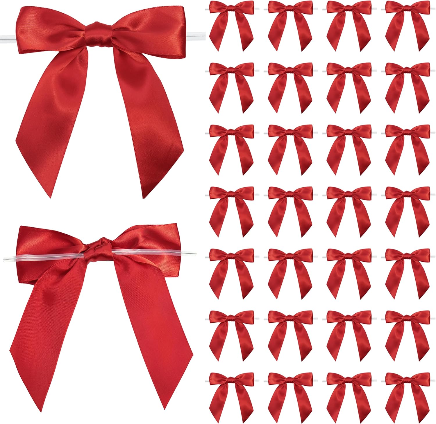 Red Satin Ribbon Twist Tie Bows 5 Inch Pre-Tied Red Gift Bows for Crafts, Treat Bags, Party Favors, Wedding, Baby Shower, Candy Apple, Christmas Tree (36 Pack)