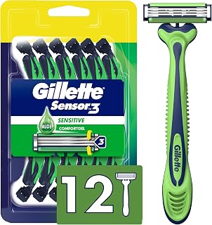Gillette Sensor3 Sensitive Men's Disposable Razors, 12 Count - 3 Blade Pivoting Head for Gentle Shave on Sensitive Skin