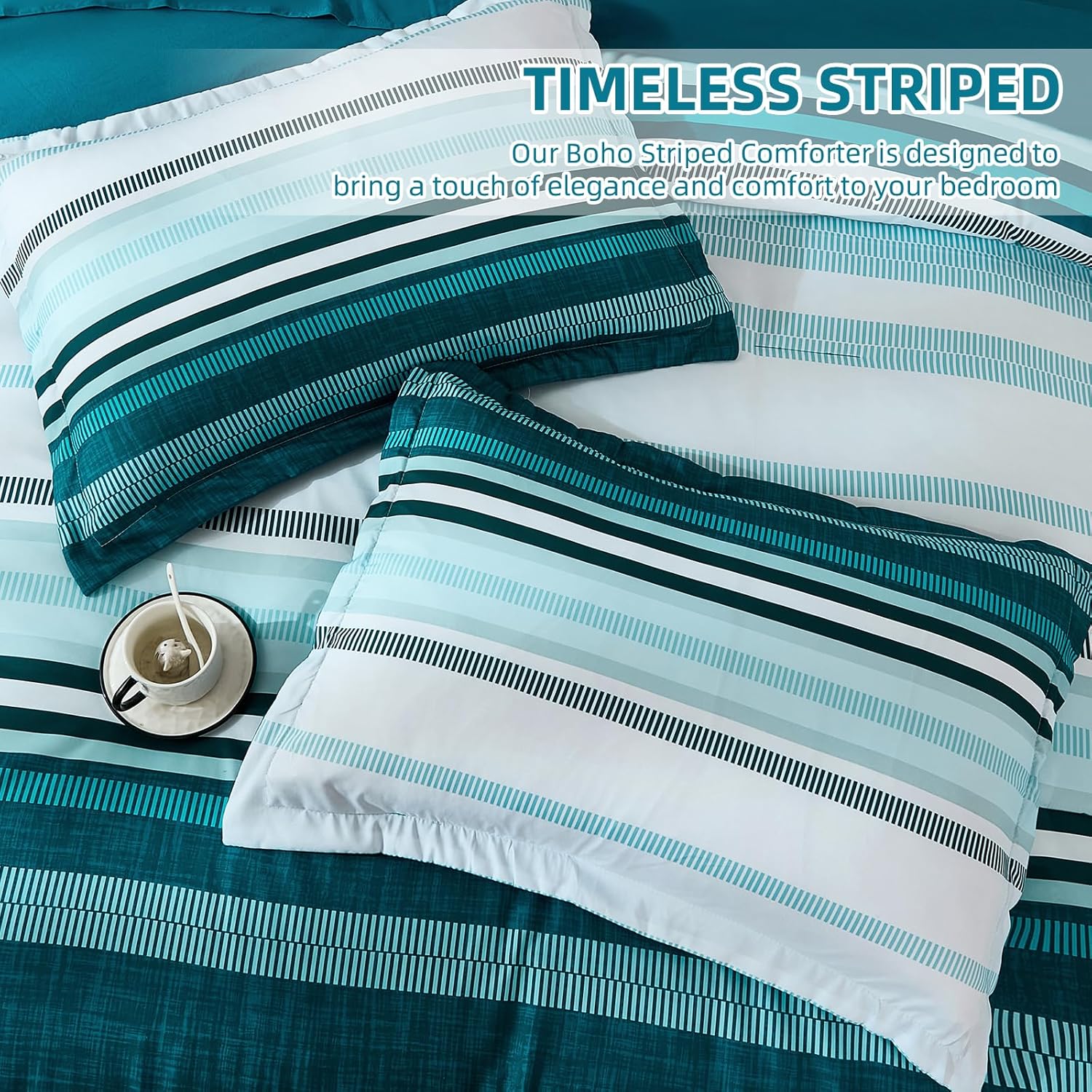 Dobuyly Teal Comforter California King Size 7 Pieces, Blue Boho Striped Bed in a Bag Set Soft Microfiber All Season Bedding Set with Comforter, Sheets, Pillowcases & Shams - Image 5