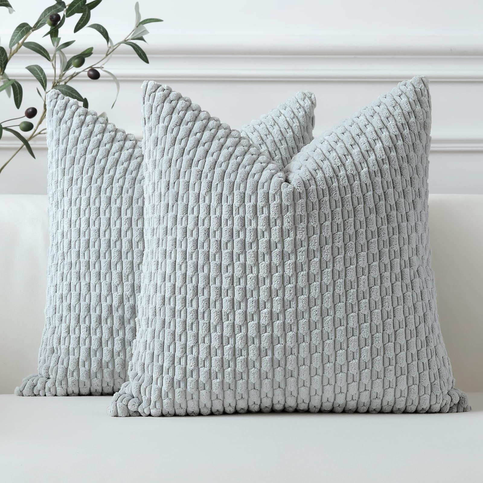 Sungeek Set of 2 Light Grey Soft Corduroy Decorative Cushion Covers Boho Striped Throw Pillow Covers for Sofa Couch Living Room Patio Farmhouse Home Decor Pillowcases 40x40cm