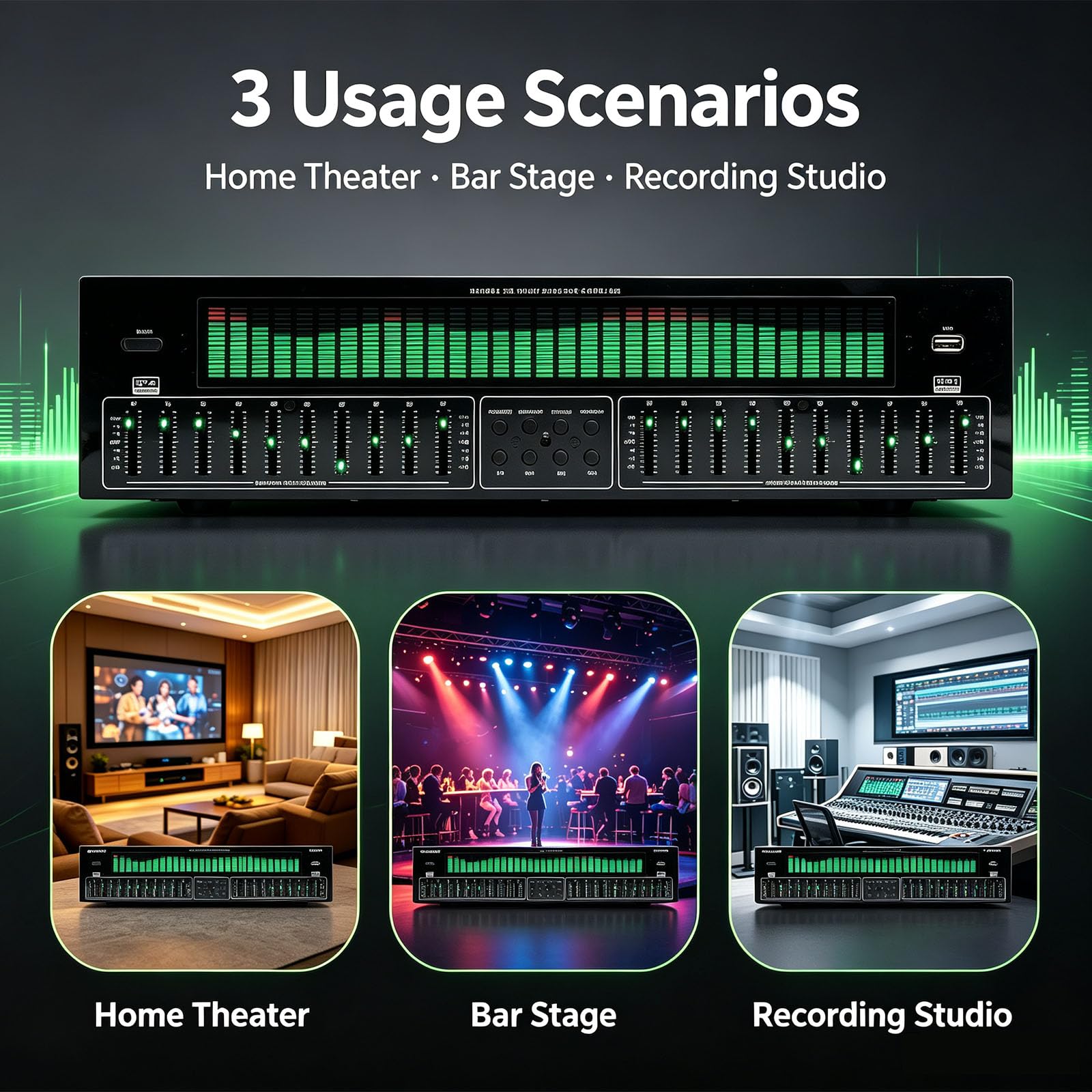 31-pasmowy ekwalizer cyfrowy, stereofoniczny graficzny EQ, analizator spektrum muzyki, dekodowanie cyfrowego audio Bluetooth 5.4 optycznego koaksjalnego, redukcja szumów, do studia nagraniowego