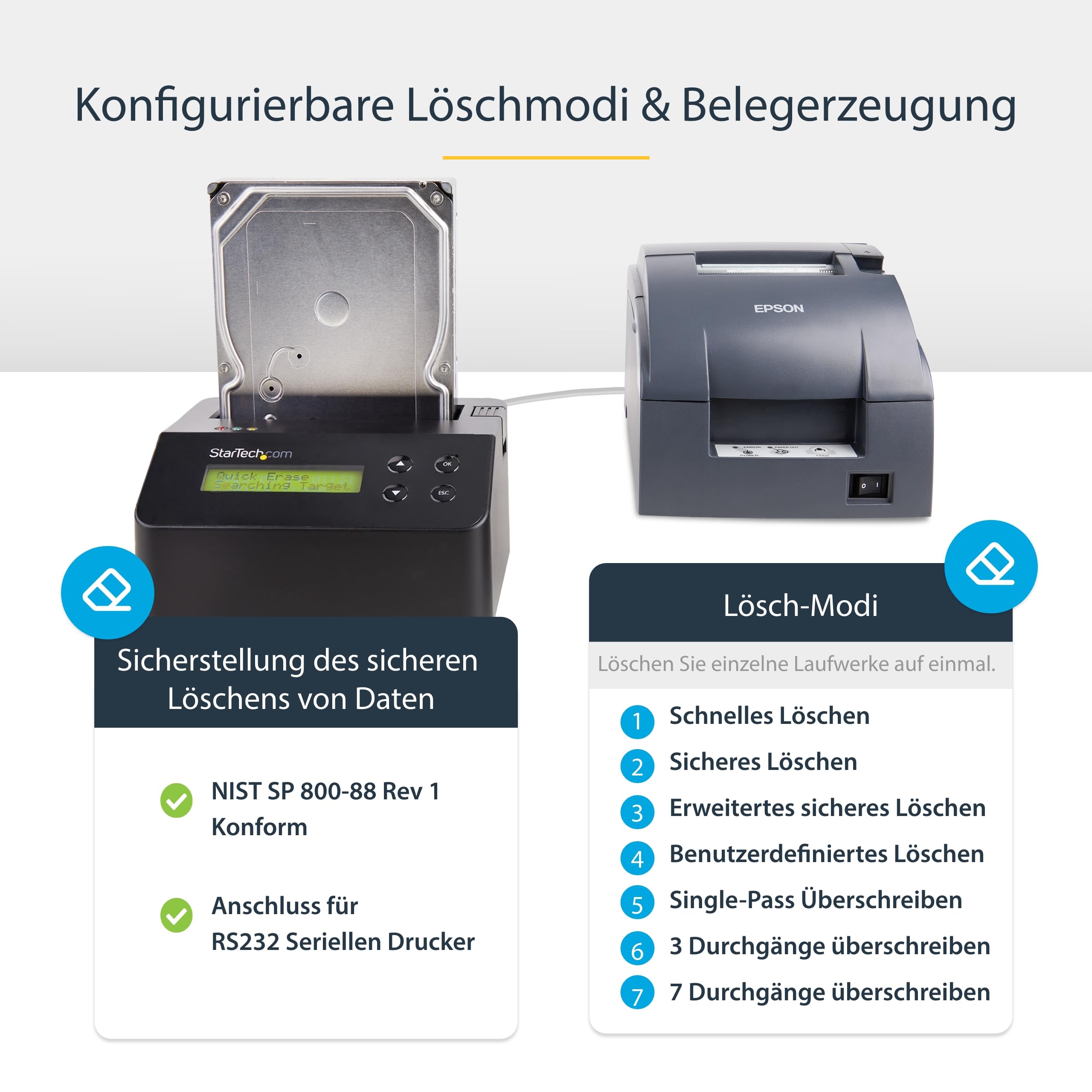 StarTech.com Festplatten Eraser - für 2,5" / 3,5" SATA SSD Laufwerk - USB 3.0 - 4Kn Unterstützung - Festplatten Dock