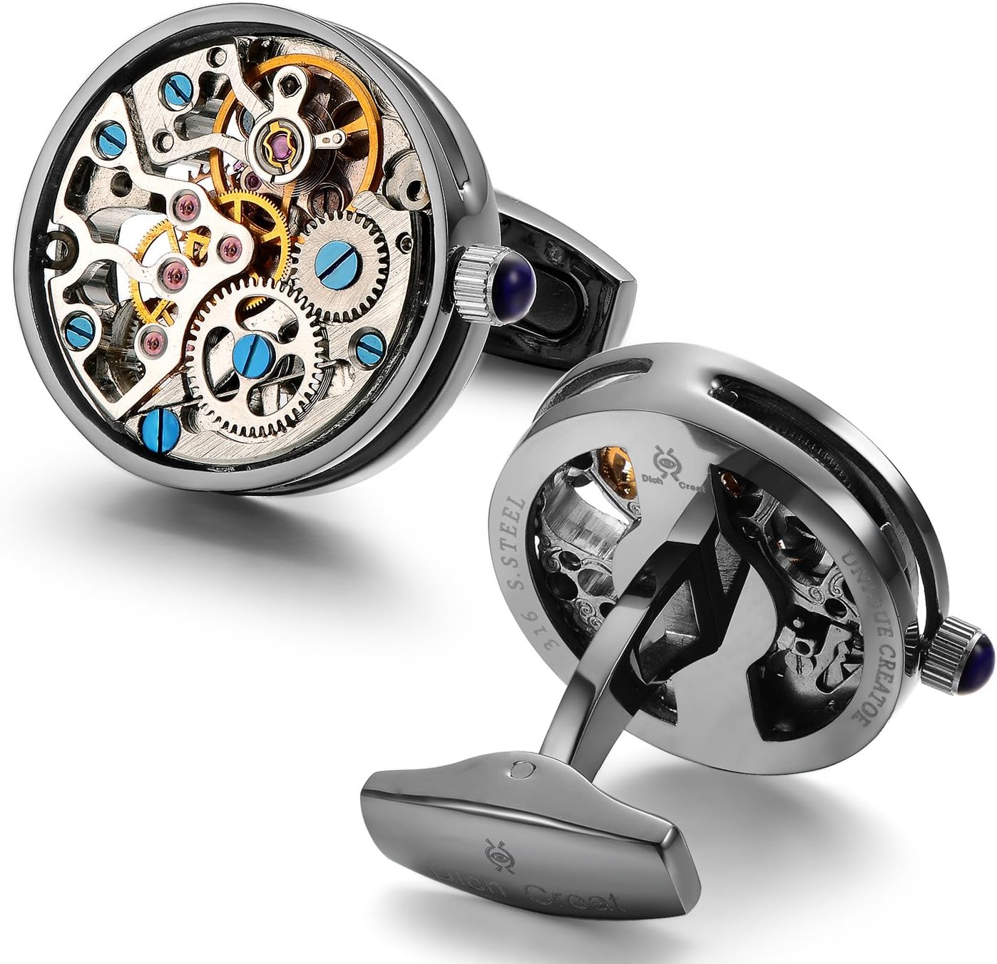 Dich Creat Men's Gunmetal PVD Stainless Steel Open Side Cage Wind-up Skeleton Working Movement Cufflinks