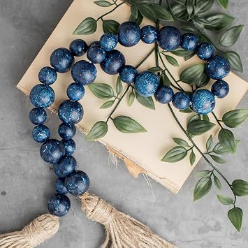 Handcrafted Farmhouse Wooden Decorative Beads Garland, Table Tray Boho Wood Beads with Tassel, Small Rustic Antique Decor for Home and Events 32" Rustic Blue