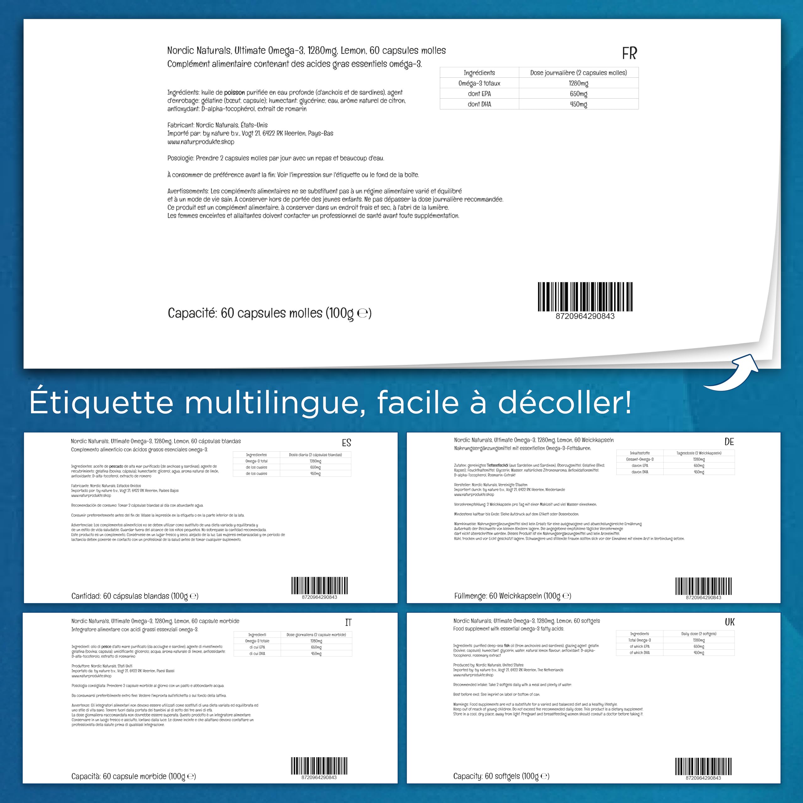 Nordic Naturals, Ultimate Omega-3, 1280mg, avec EPA et DHA, Haute Dosé, Goût Citron, 60 Capsules molles, Sans Soja, Sans Gluten, Sans OGM