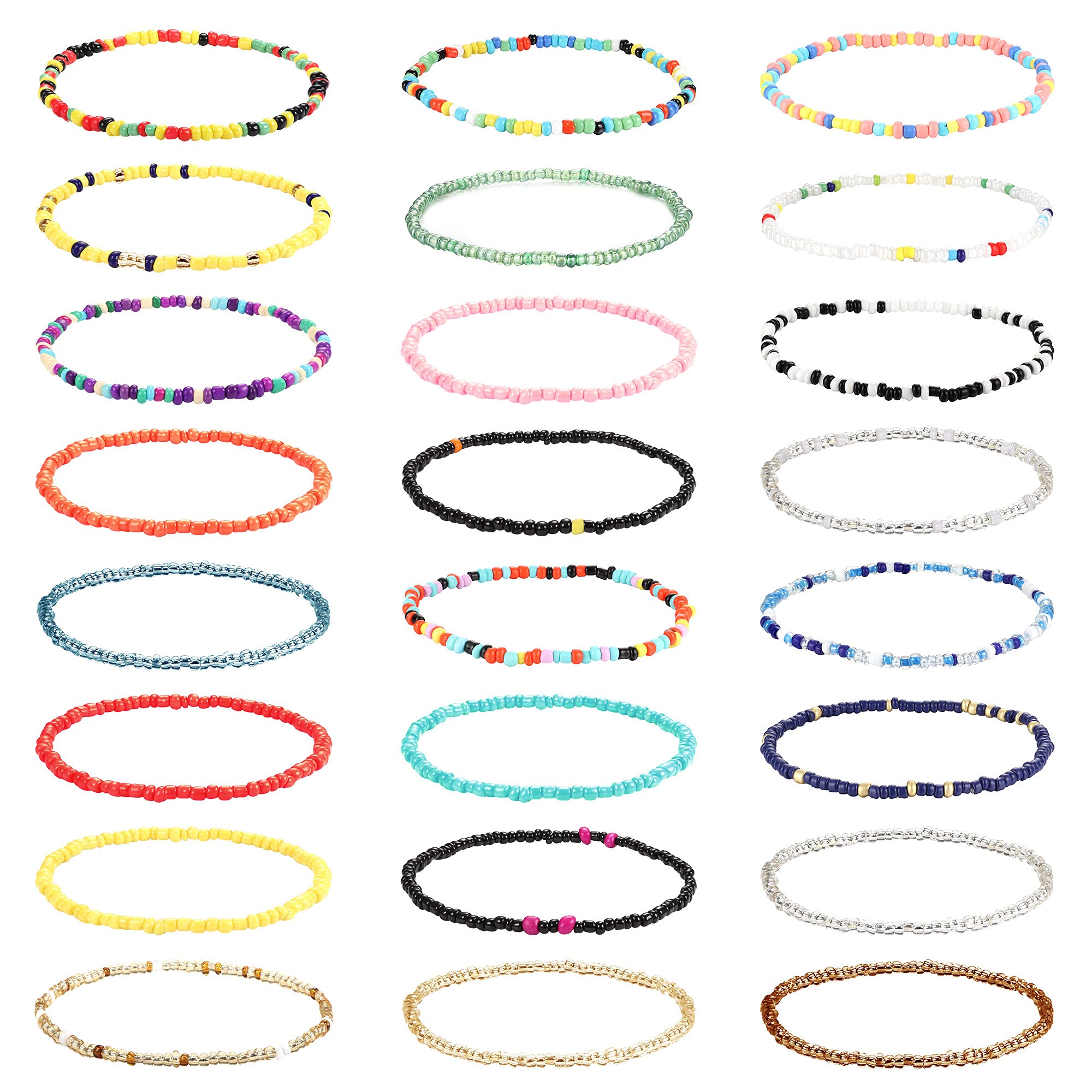 JOERICA24Pcs Handmade Beaded Anklets for Women Boho Elastic Beaded Ankle Bracelets Multilayered Colorful Beads Stretch Anklets Set Foot Jewelry