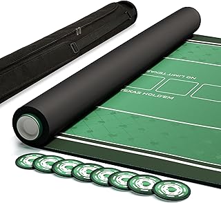 Poker-Tischmatte, 177,8 x 88,9 cm, tragbare Texas Hold'em Casino-Tischauflage für 8–10 Spieler, Gummi-Spielmatte mit Tragetasche, 8 Untersetzer, 8 Hand-Ranking-Karten