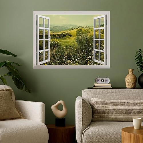 Miniatura 4 de Adhesivo de pared extraíblemural de pared, hermoso campo de primavera con flores silvestres  Decoración creativa de pared con vista de ventana - 24
