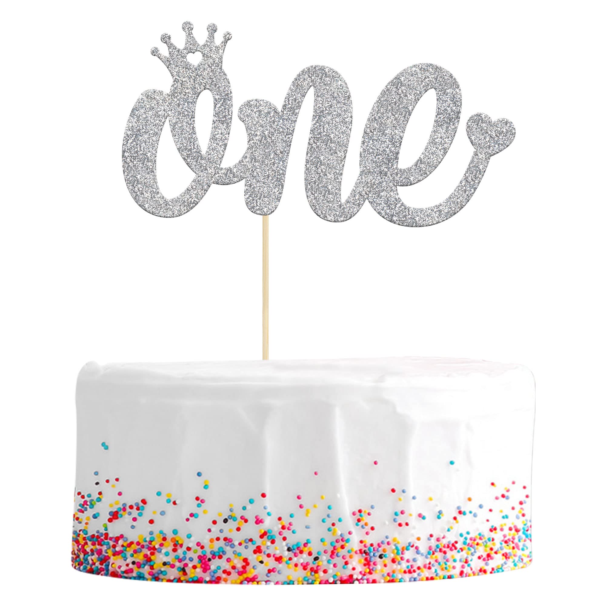 Gyufise 1 Pack One Cake Topper Silver Glitter Crown 1st Birthday Cake Decorating for Girl Boy 1st Babyshower Birthday Wedding Anniversary Party Supplies