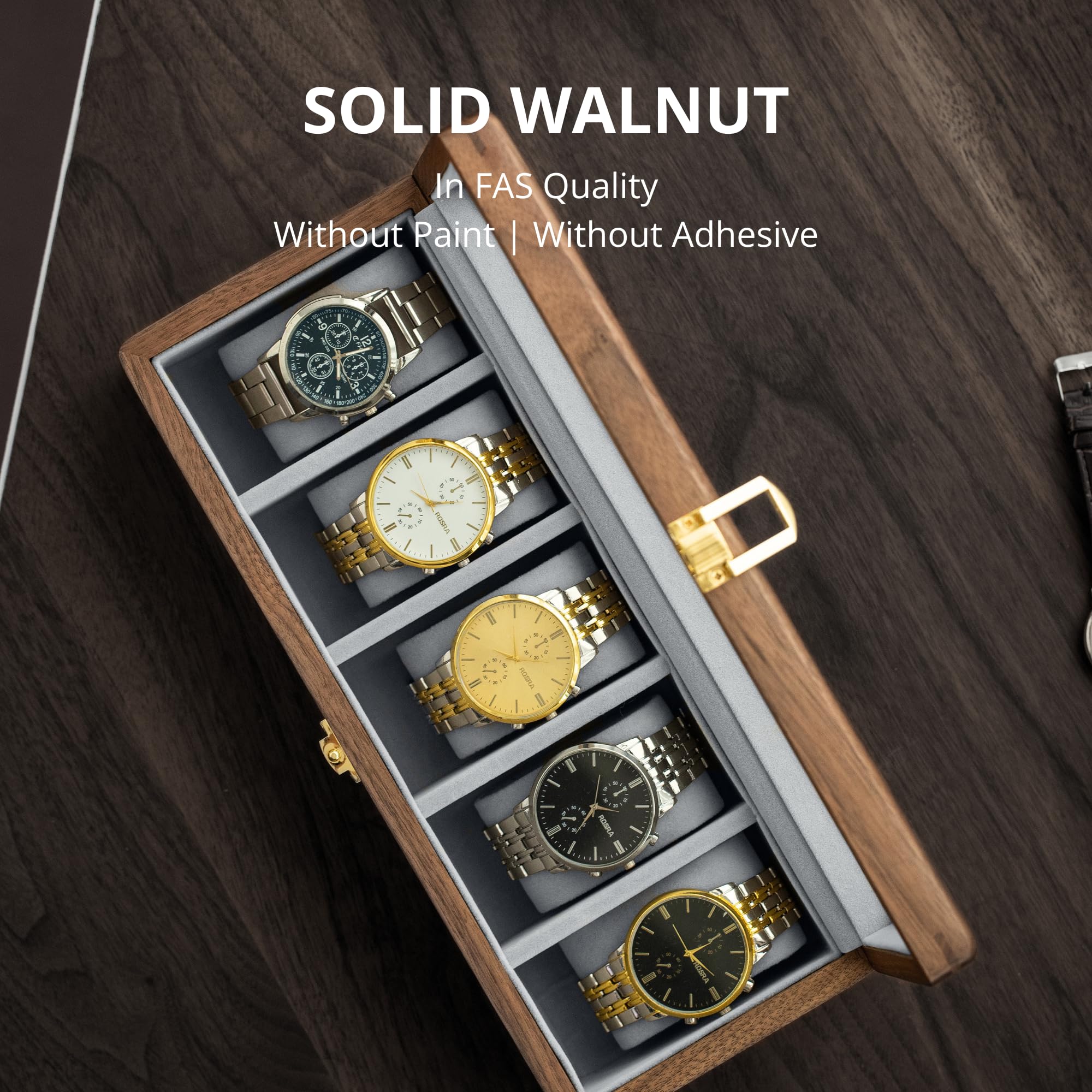 muso wood Boîte à montres en noyer 5 emplacements avec couvercle en verre pour homme | Présentoir de rangement de montres de qualité supérieure, cadeau parfait pour les hommes