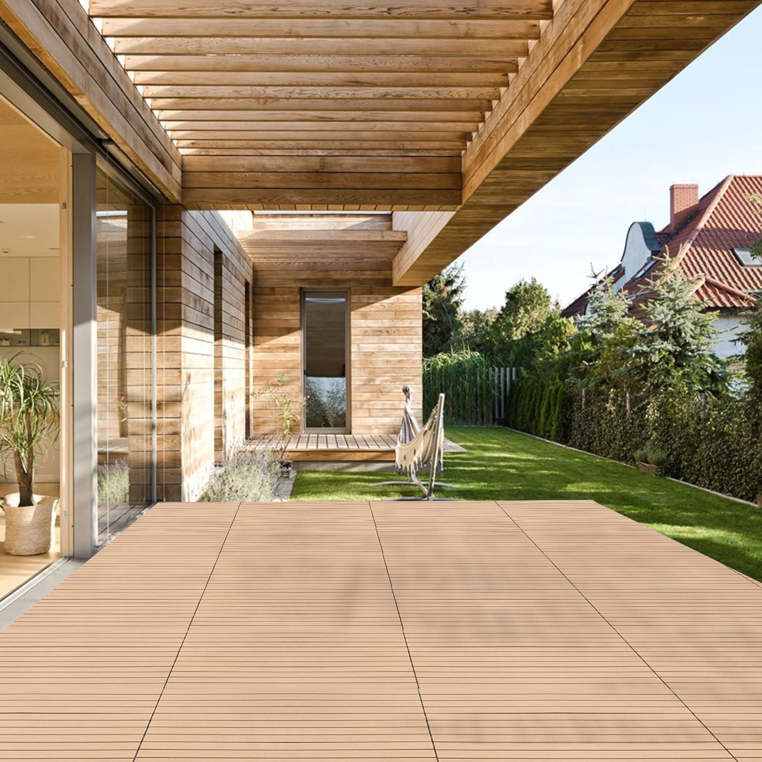 Piastre per terrazze in WPC, 30 x 60 cm, colore teak, 18 pezzi (3 m²) con sistema a clic, adatte all'acqua, effetto legno, facile da pulire, per balcone (piastrelle a scatto in PC)