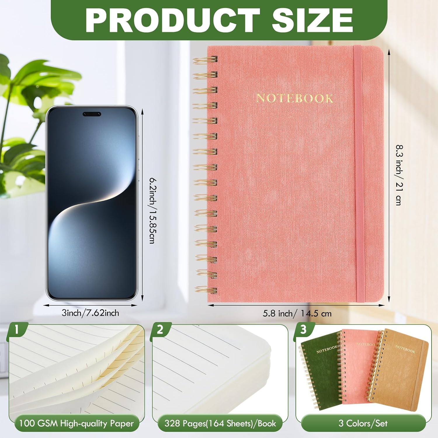 Resurhang 3 Pcs A5 Thick Spiral Journal Notebook with Labels, 328 Pages 5.8"x8.3" Linen Hardcover College Ruled Notebooks Christian Bible Study Journals for Church Work Writing Taking Business