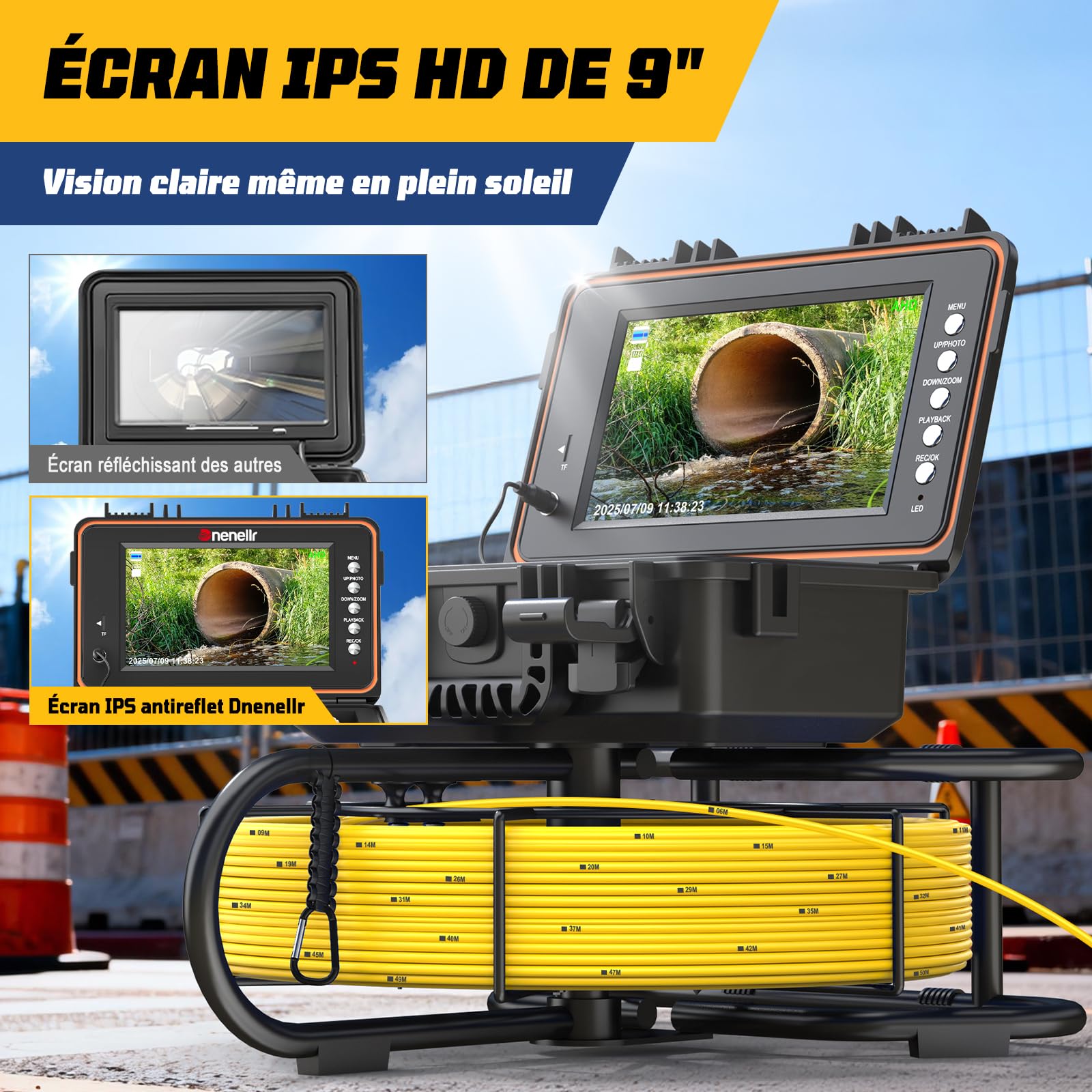 Caméra d’Inspection Canalisation, Auto-Nivelante Caméra 1080P et Émetteur 512Hz, Câble Renforcé 7MM avec Repères Métriques, Écran IPS HD 9 Pouces, DVR 32 Go, Batterie 5100 mAh, IP68 (30M)
