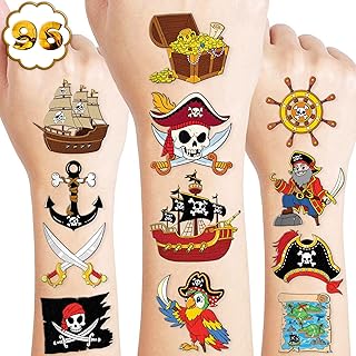 96PCS Pirate Ship Nautical Pre-Cut Temporary Tattoos for Kids | Super Cute Theme Birthday Party Favors, Supplies, Decorations, Mermaid Treasure Fake Tattoo Stickers (Multiple)