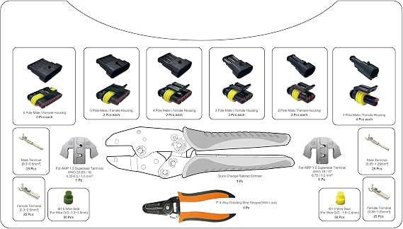 Jackco 236pc 1.5 Superseal Terminal Ratcheting Crimping Tool & Connector Kit - Includes 2 Interchangeable Dies and Wire Strippers