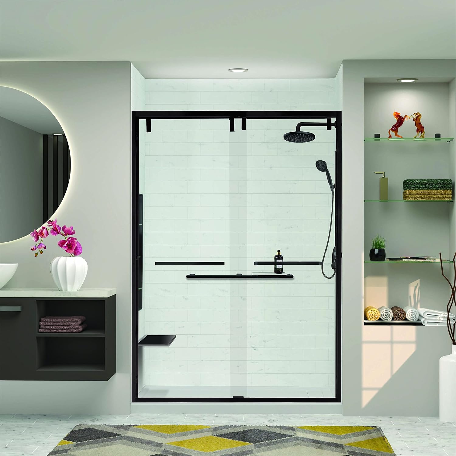 Transolid Eden 56 to 60 in. W x 80 in. H Semi-Frameless Bypass Sliding Shower Door, 3/8 in. Clear Tempered Glass, Nano ClearCoat, 304 Stainless Steel Hardware, Matte Black, EBPT608010C-MB