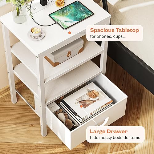 Miniatura 6 de SUPERJARE - Mesita de noche con estación de carga, con cajón de tela ajustable, para dormitorio, mesa auxiliar de almacenamiento de 3 niveles