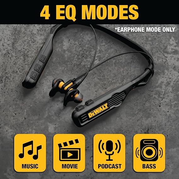 DEWALT Heavy Duty Black Edition 2-in-1 Neckband Bluetooth Headphones | w/Built-in Speakers, Jobsite Wearable Speaker & Around Neck, Wireless Headset, 60+ Hrs Hands-Free Music & Calls, Carry Pouch