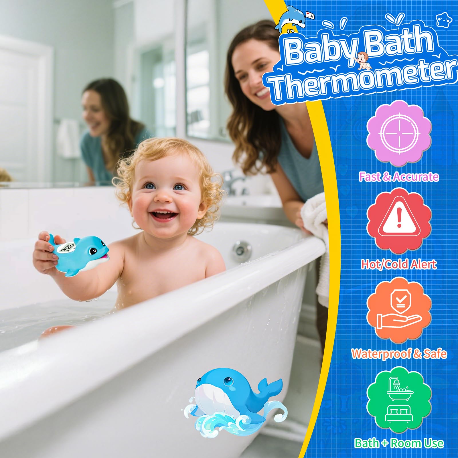 Termometro da bagno per neonato, termometro digitale per la temperatura dell'acqua, giocattolo da bagno galleggiante con delfino, display °C/F, impermeabile e senza BPA