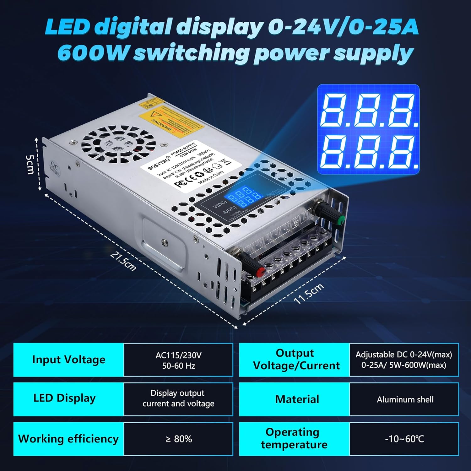 BOSYTRO TYTL-24V600W power supply with LED digital display showing voltage and current, and dimensions.