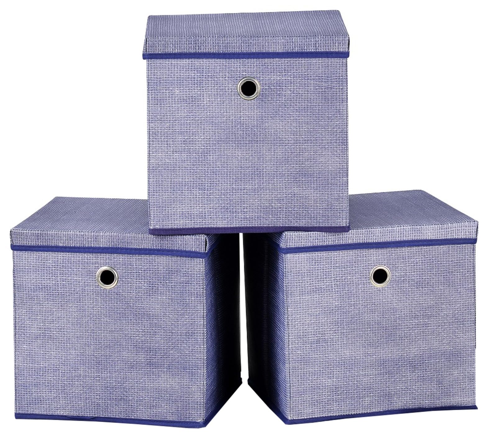 A406 Foldable Storage Cube Boxes Set of 3 Fabric Storage Boxes with Lids, Space Saving Fabric Cube Storage Boxes for Clothes, Toys, Storage Organiser (Blue, 25x25x25cm)