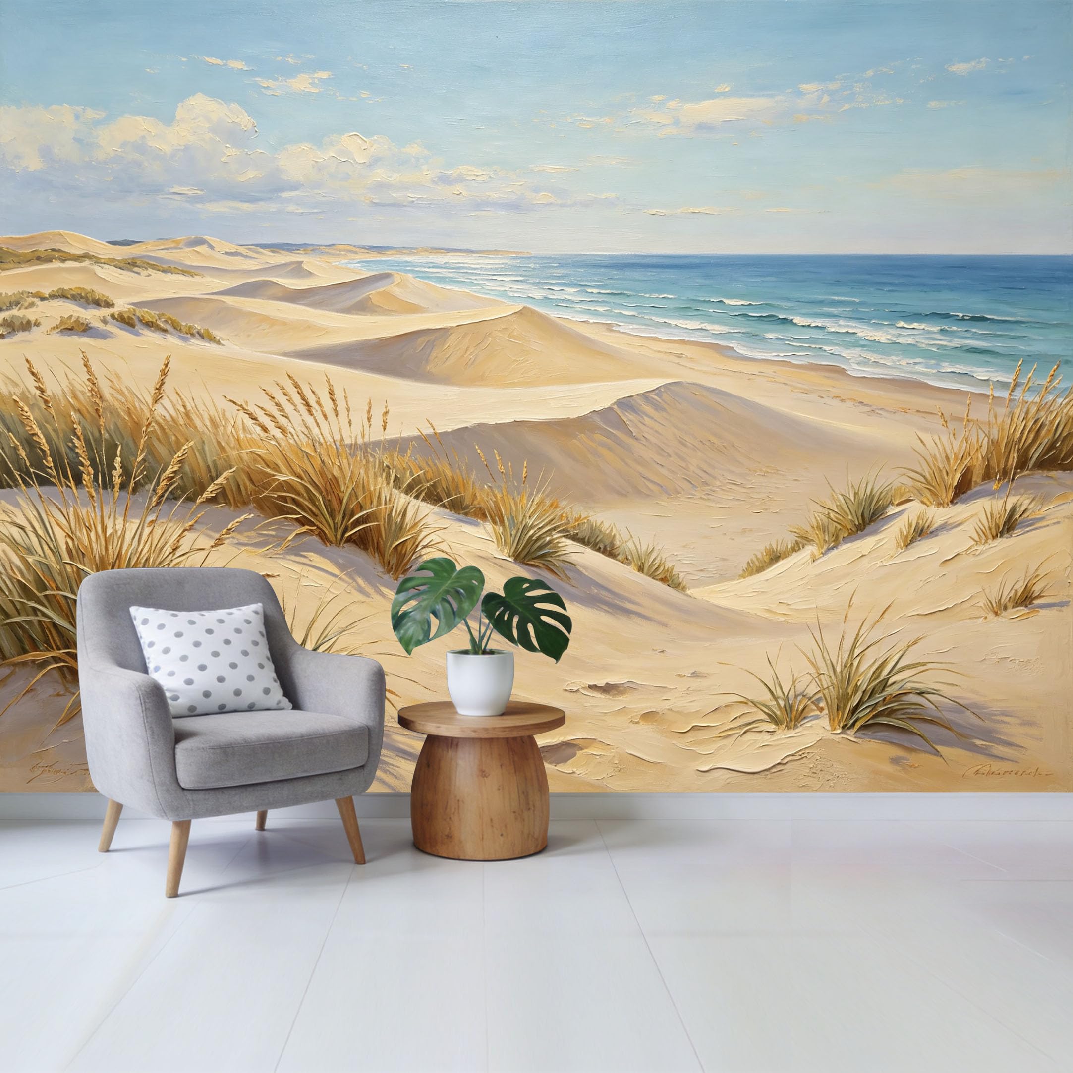 Qzlithotic Yq2605250550 Custom Size Wall Mural Coastal Sand Dunes Ocean View Oil Painting Textured Art Selfadhesive Wall Fabric Removable Wallpaper For Home Office Decor