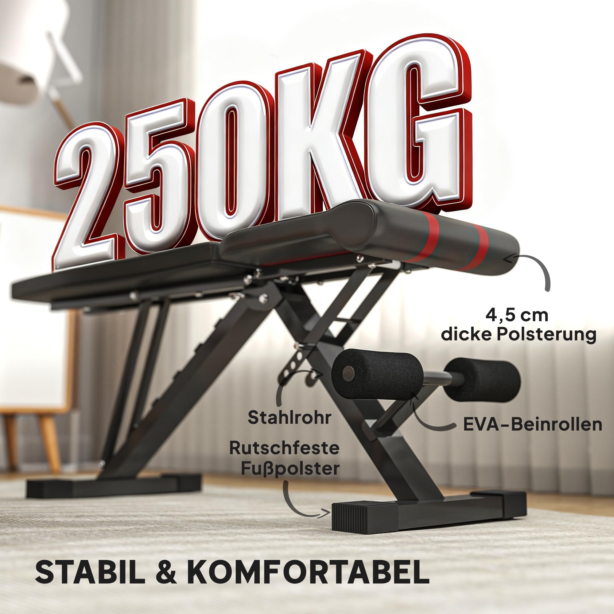 SPORTNOW Składana ławeczka do podnoszenia ciężarów, wielofunkcyjna ławka fitness z 6-stopniową regulacją oparcia, ławeczka skośna, ławka treningowa, płaska ławka do 250 kg, do treningu brzucha, do