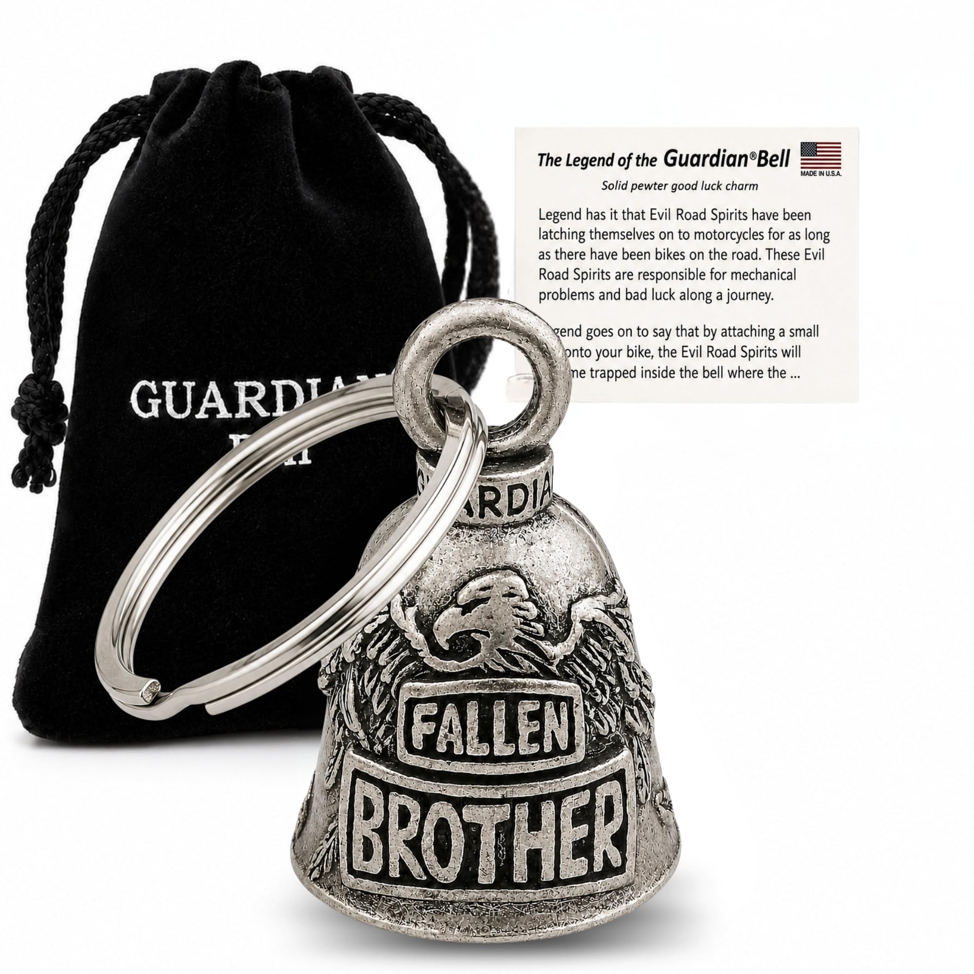 Guardian Bell Fallen Brother Good Luck Bell w/Keyring &amp; Black Velvet Gift Bag | Motorcycle Bell | Lead-Free Pewter | Good Luck Gift to Friends &amp; Family | Bike Bell | Made in USA