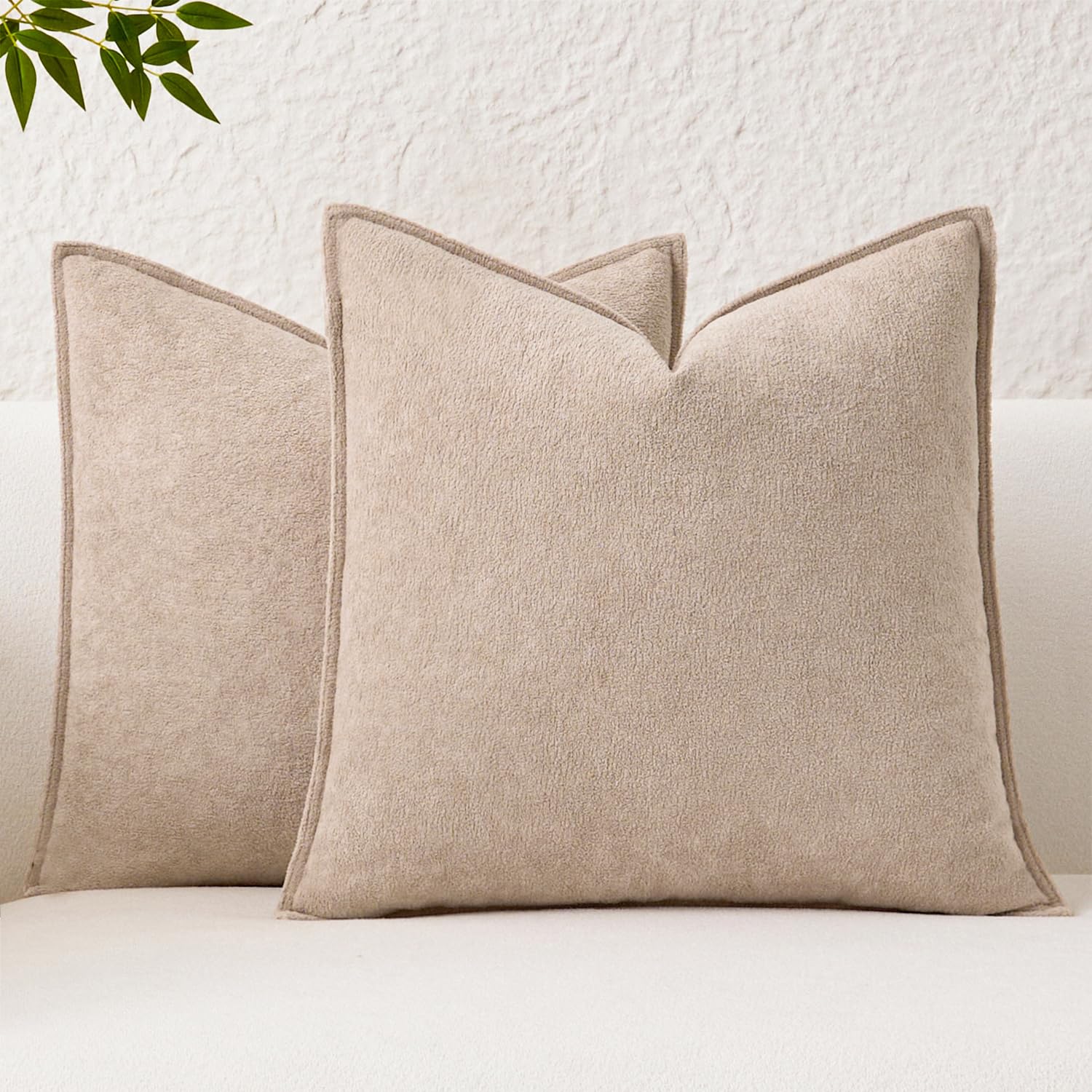 Kevin Textile Cushion Covers 45x45cm Spring Waterproof Decorative Pillow Covers Pack of 2 Soft Boucle Textured Lumbars Cushions Elegant Accent Pillows for Couch Sofa Bed Indoor Outdoor, Khaki