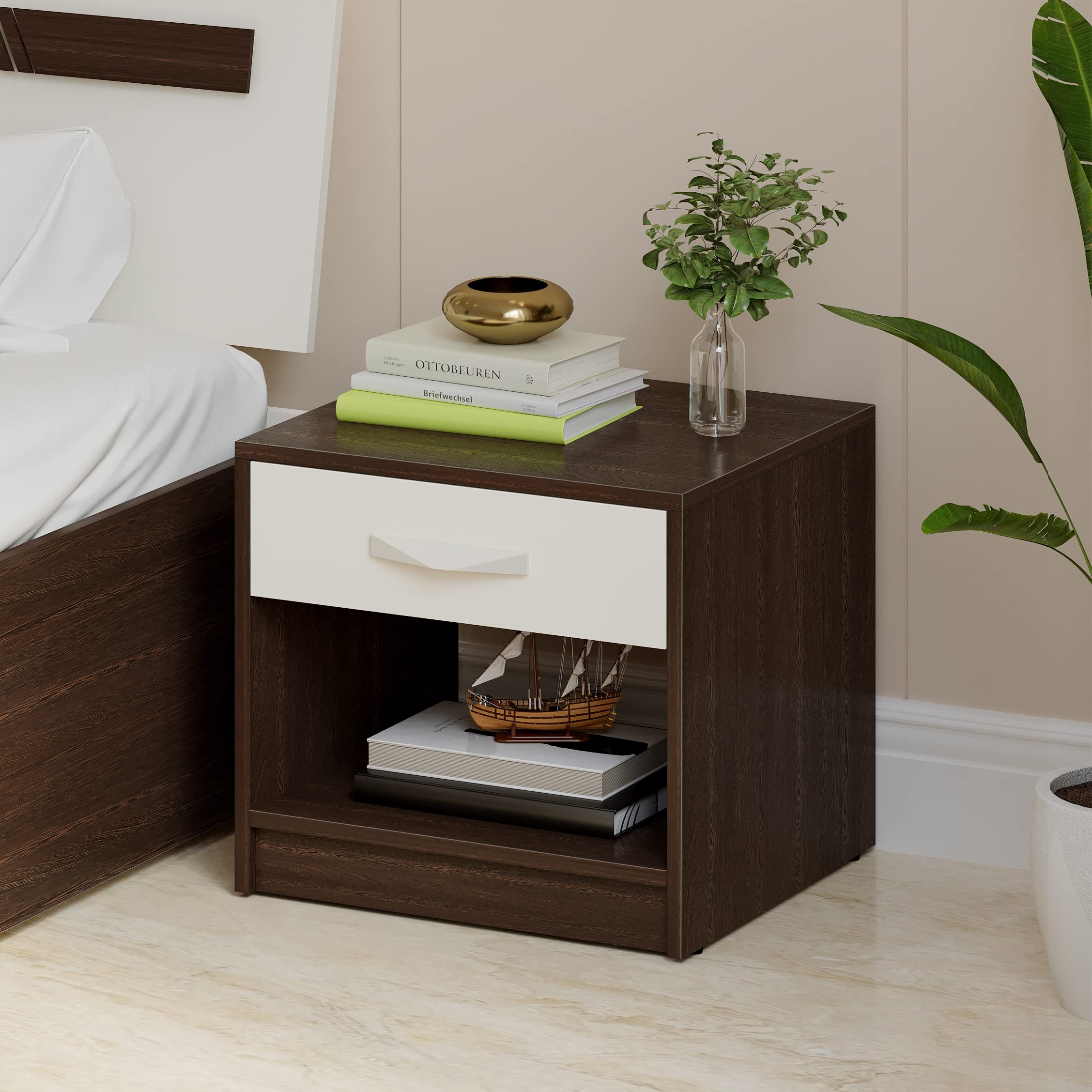 BLUEWUD Oliver Engineered Wood Bed Side Table, End Table with Storage and Drawer Lamp, Flower Stand for Bedroom Home Furniture (Wenge & White)-image-43
