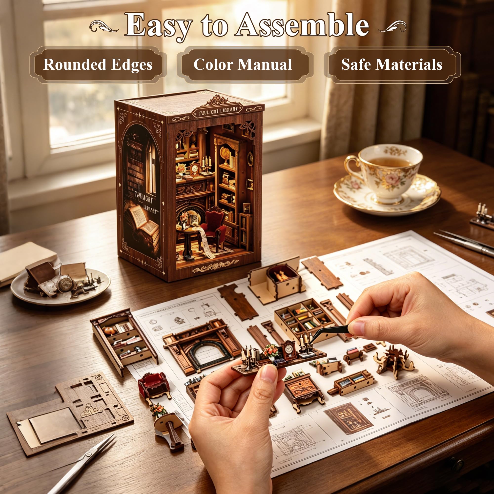 Kit Book Nook pour Adultes: LUMYCE Puzzle 3D en Bois avec poussière et lumière LED - Maquette Déco et Architecture pour Les Amoureux des Livres créatifs