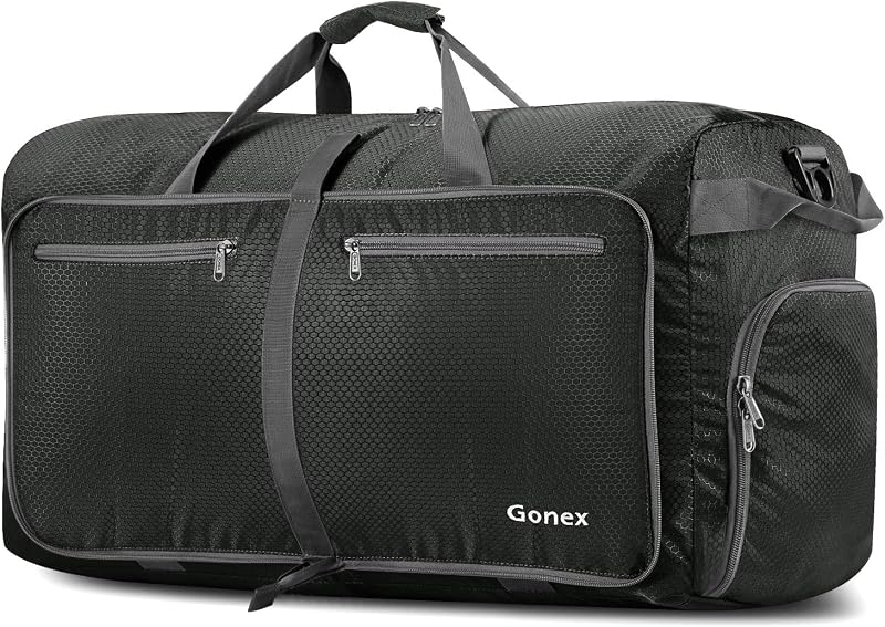 Bolsa de viaje plegable Gonex, ligera con compartimento para zapatos | Nailon 210D, repelente al agua, pliegues compactos, múltiples bolsillos, funda para equipaje, uso en viajes y fines de semana, 80 L, gris