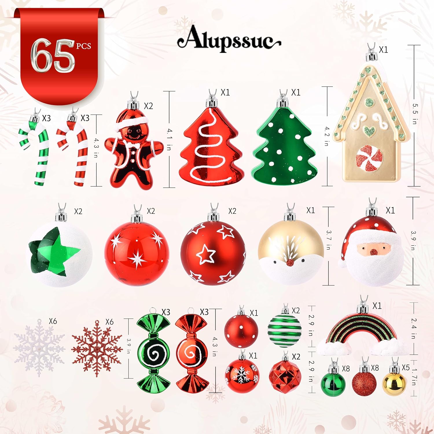 Alupssuc 65pcs Christmas Balls Ornaments Set, Shatterproof Plastic Baubles Gingerbread House, and Tree Topper for Xmas Tree Holiday Wedding Party Decorations with Hanging Strings, Red & Green, White